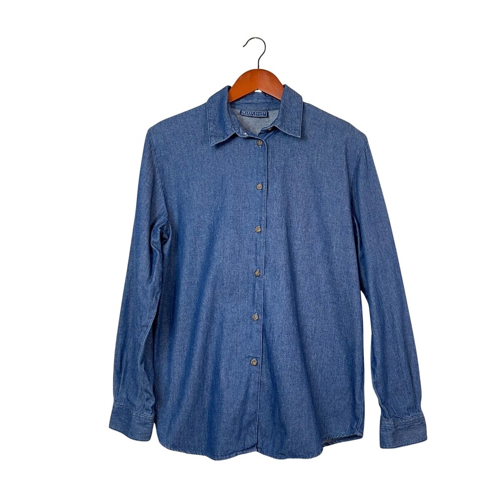 Karen Scott Blue Denim Button‎ Up Long Sleeve Shirt Size Medium